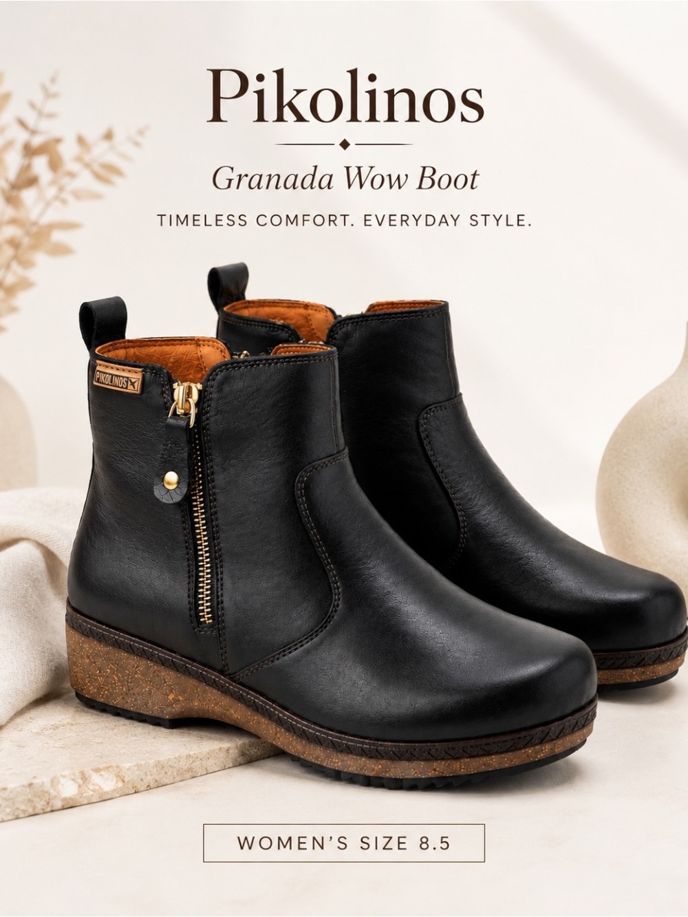Pikolinos Granada Wow Women’s 8.5 Black Leather Wedge Ankle Boots Zip Comfort